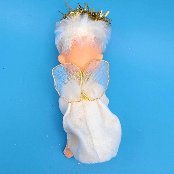 Vintage 1950s Pixie Angel Knee Hugger Ornament Felt Sleepy Eyes Tulle Wings - Picture 5 of 9